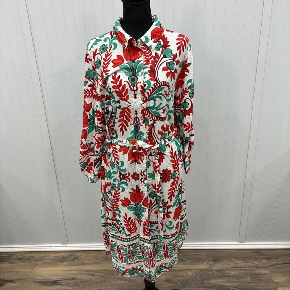 Fig + Flower Dress Women's 3X Red Green Floral Button Front Midi Belted Rayon